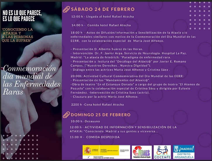 Programa de los actos conmemorativos del Día Mundial de las Enfermedades Raras. En él se cuenta con la participación del grupo de teatro del Ateneo de pozuelo que representará En el estanque dorado