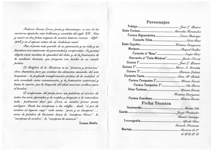 Programa de mano de la primeriza y primera obra teatral de Lorca, El maleficio de la mariposa, con José Luis Panero en el reparto | Federico García Lorca cumple 120 años