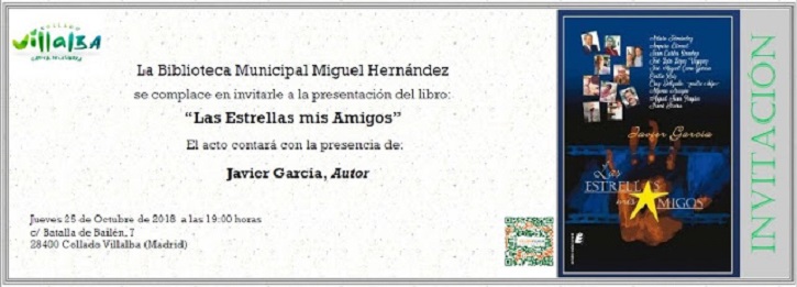 Invitación para la presentación del libro de entrevistas de cine 'Las Estrellas, mis amigos' | Javier García presenta ‘Las Estrellas, mis amigos’ en Collado Villalba 