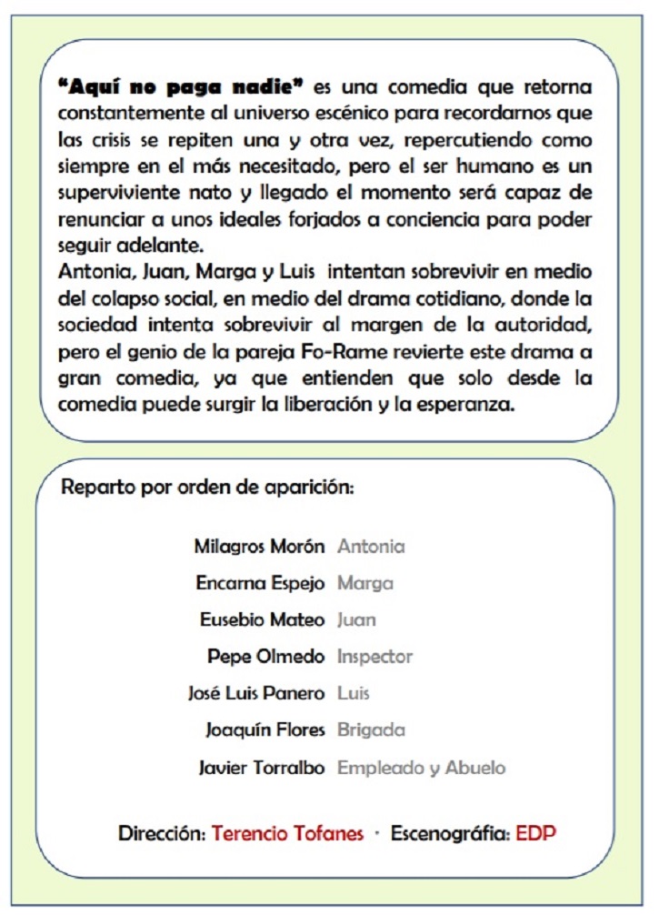 Programa de mano de Aquí no paga nadie | Ateneo de Pozuelo representa ‘Aquí no paga nadie’ en Guadarrama