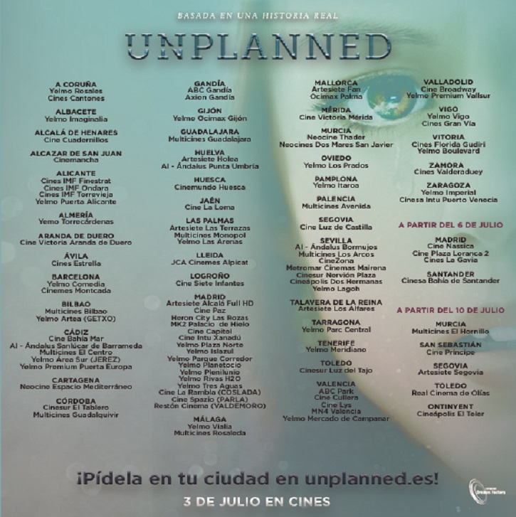 Cines donde se proyecta UNPLANNED | ‘UNPLANNED’ se estrena este viernes en más de 90 cines 