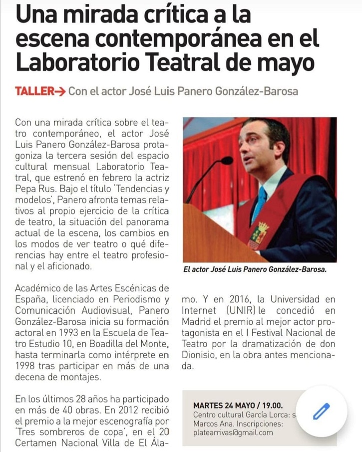 Noticia que informa de una actividad teatral del académico José Luis panero | ‘Palomitas de Maíz’ cumple hoy 14 años: ¡Muchísimas felicidades!