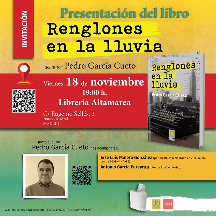 Próxima presentación del libro Renglones en la Lluvia, de Pedro García Cueto